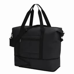 A black duffle bag featuring two handles and a detachable shoulder strap, with a front zip pocket.