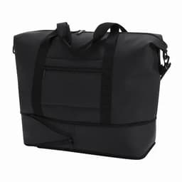 A black tote bag with a front pocket, dual handles, and an adjustable shoulder strap. It features a zippered closure.