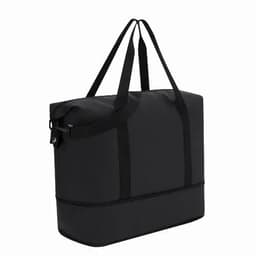 A black tote bag with dual handles and a sturdy base, featuring a secure buckle closure and minimalistic design.