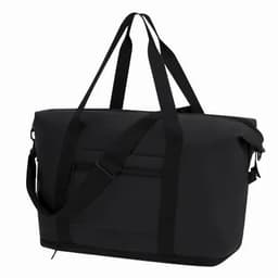 A black tote bag with dual handles and a detachable shoulder strap, featuring a zippered closure and front pocket.