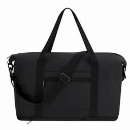 A black duffel bag with two handles and a removable shoulder strap, featuring an external zippered pocket.