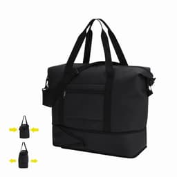 A black tote bag with adjustable straps and a front pocket, featuring a spacious interior for storage.