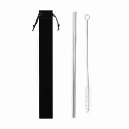 A stainless steel drinking straw with a cleaning brush, displayed alongside a black storage pouch.
