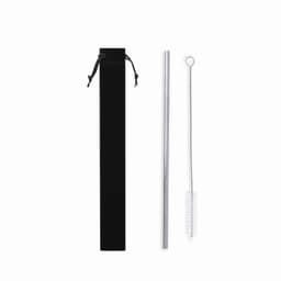 A drink bottle kit featuring a metal straw, cleaning brush, and a sleek black carrying pouch.