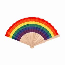 A decorative hand fan featuring a vibrant rainbow design with red, orange, yellow, green, blue, and purple hues.