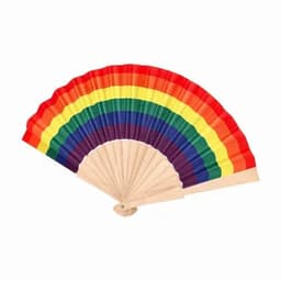 A decorative fan featuring a vibrant rainbow pattern with red, orange, yellow, green, blue, and purple sections.