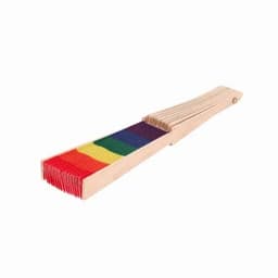 A wooden hand-held comb featuring a rainbow gradient design with various colours in a fan arrangement.