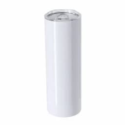 A drink bottle in white with a clear lid, featuring a smooth surface and a simple design, has a branding logo.