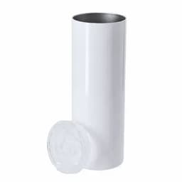 A drink bottle in a sleek white design with a clear lid, featuring a simple, modern shape.