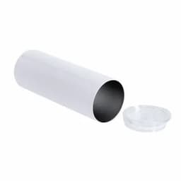 A drink bottle in glossy white with a silver interior and a clear lid resting beside it. It features a logo.