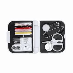 A sewing kit with red, yellow, and black threads, scissors, safety pins, buttons, and needles in a compact case.