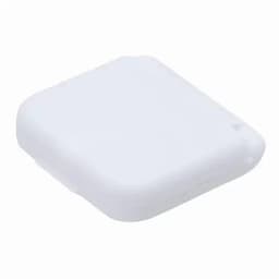 A compact, square, white product case with rounded edges. It features a simple design and a branding logo.
