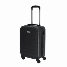 A black cabin-sized suitcase with a sleek design, four wheels, and a retractable handle. It features a logo on the front.