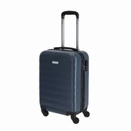 A blue hard-shell suitcase with a retractable handle and four wheels. It features a logo on the front.