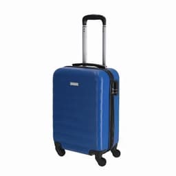 A blue suitcase with a hard shell, retractable handle, and four wheels for easy movement, featuring a logo on the front.