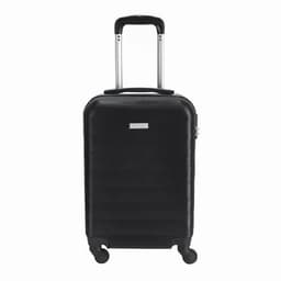 A black suitcase with a hard shell, retractable handle, and four wheels for mobility. It features a logo on the front.