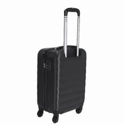 A black hard-shell suitcase with a retractable handle and wheels for mobility. It features a textured surface.