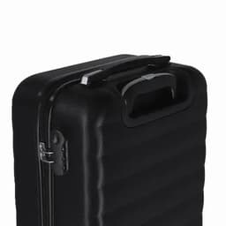 A hard-shell suitcase in black, featuring a textured surface and a carry handle. It has a zip closure and metal accents.