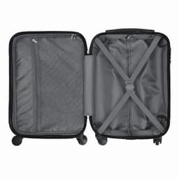 A hard-shell suitcase with a black exterior, featuring grey interior compartments and straps for securing items.