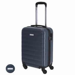 A suitcase in dark blue with a smooth surface, retractable handle, and wheels for easy transportation.