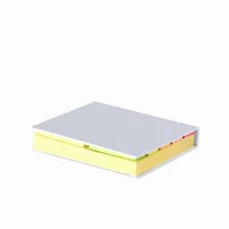 A set of sticky note pads with a white cover, featuring bright yellow and pastel-coloured notes inside.