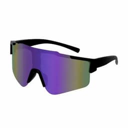A pair of black sunglasses with a large, mirrored purple lens and sporty design.
