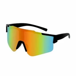A pair of black framed sunglasses with a large, mirrored, multicoloured lens transitioning from orange to blue.