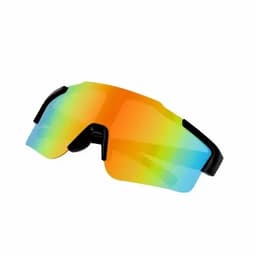 A pair of sunglasses with a black frame and a multicoloured gradient lens in shades of orange, blue, and green.