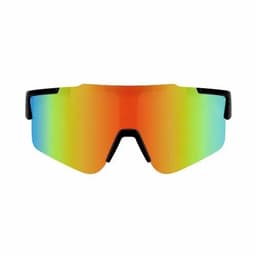 A pair of sunglasses with a vivid orange and green mirrored lens and a black frame.