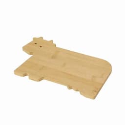 A bamboo cutting board shaped like a cow, featuring natural wood grain and distinct cut-out design.