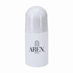 A drink bottle in white with a rounded cap and a logo that reads "AREN. HOTEL."