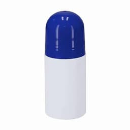 A drink bottle featuring a blue lid and a white body, with a smooth finish and a branding logo on it.