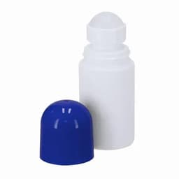 A drink bottle in white with a blue cap resting beside it. It features a logo on the bottle.