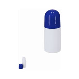 A drink bottle with a white body and a blue cap, featuring a logo on the surface.