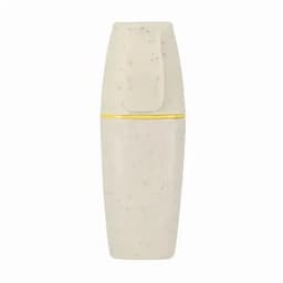 A drink bottle in cream colour with a smooth finish and a yellow band, featuring a flip-top lid.