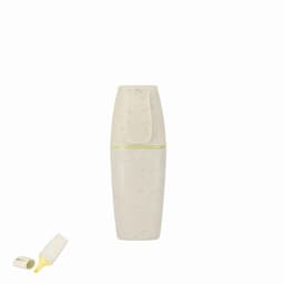 A drink bottle in a cream colour with a speckled design and a yellow cap. It features a logo on the bottle.