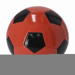A soccer ball in vibrant red with black pentagonal patches, featuring a glossy finish and a logo.