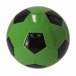A green and black soccer ball with a classic hexagonal pattern and a glossy finish. It features a logo.