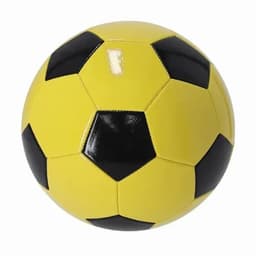 A yellow and black soccer ball with a classic pentagon and hexagon panel design. It features a logo.