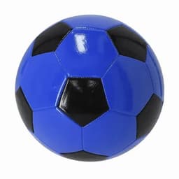 A blue soccer ball with black hexagonal patches and a glossy finish, featuring a logo.