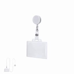 A badge holder and retractable reel featuring a clear design with a white plastic clip and cord.