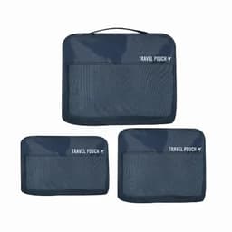 A set of navy travel pouches with mesh front sections, featuring a handle on the top pouch.