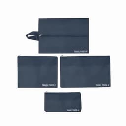 A set of four navy travel pouches in various sizes, each featuring a zipper and a logo on the front.