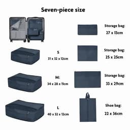A set of navy storage bags in various sizes, including small, medium, large, and a shoe bag. Features a logo.