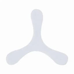 A white, three-pronged frisbee toy with a smooth surface and a central bulge, featuring a logo.