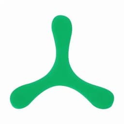 A green, three-pronged throwing toy designed for fun and games, featuring a logo.