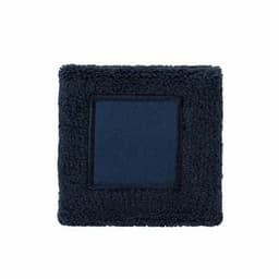 A plush navy blue square cloth with a textured border and a smooth central panel, featuring a simple logo.