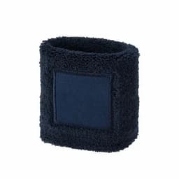A dark navy wristband made of soft terry cloth, featuring a square patch. It has a simple, textured design.