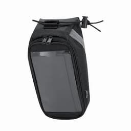 A black storage bag with a transparent front pocket and a zip closure, featuring a drawstring top.