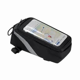 A bike bag in black with a transparent top, featuring a smartphone inside displaying a map. It has reflective detailing.